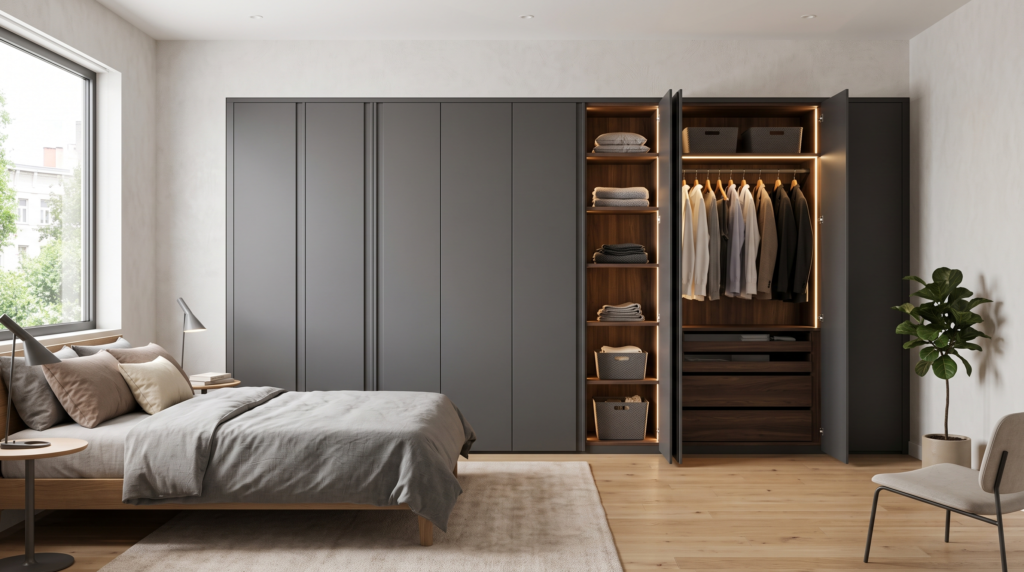 Armoire vs Wardrobe: What Is the Difference and Which Should You Choose? Modern wardrobe with sleek design, clean lines, and built-in storage
