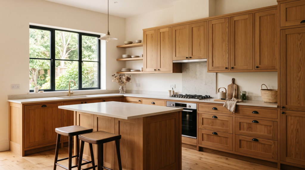 Shaker Kitchen Cabinets: Complete Buyer's Guide to Styles and Sources Natural oak Shaker style kitchen cabinets, warm wood tones, minimalist design