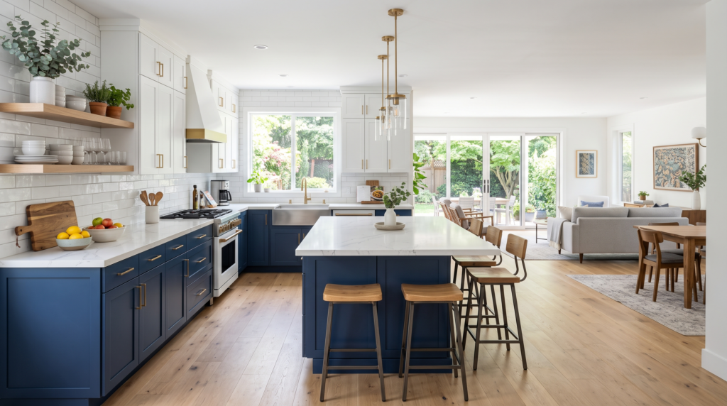 Navy Blue Kitchen Cabinets: Ideas, Colors and Design Trends Navy blue cabinet design ideas showing navy lower cabinets with white upper cabinets in an open kitchen