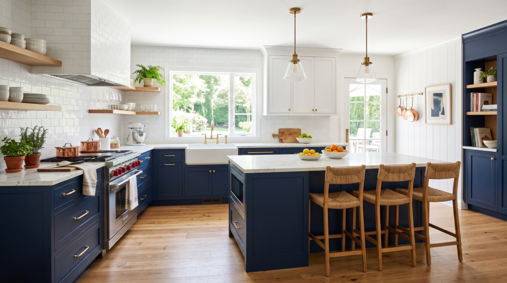 Navy Blue Kitchen Cabinets: Ideas, Colors and Design Trends Navy blue kitchen cabinets anchoring a bright kitchen, pairing deep blue base units with white walls and stone counter