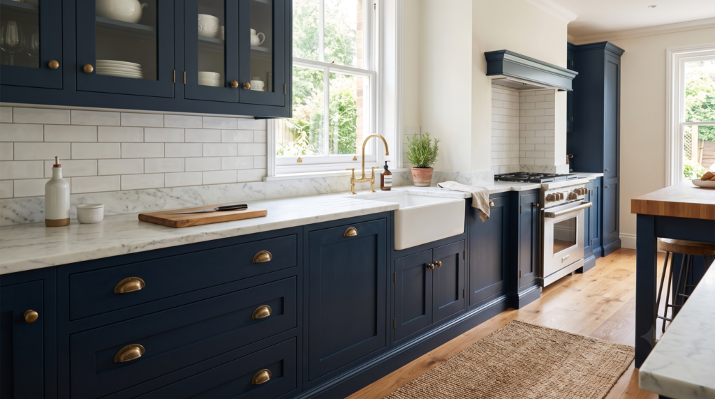 Navy Blue Kitchen Cabinets: Ideas, Colors and Design Trends Navy cabinets with white countertops, white marble surface contrasting deep blue shaker base units