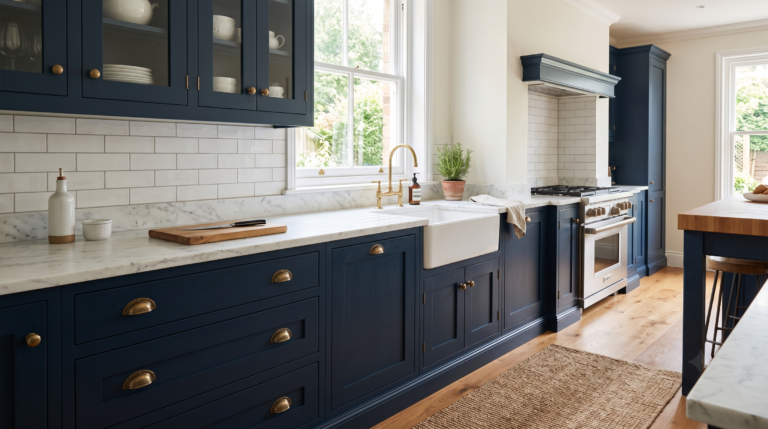 navy blue kitchen cabinets with white countertops