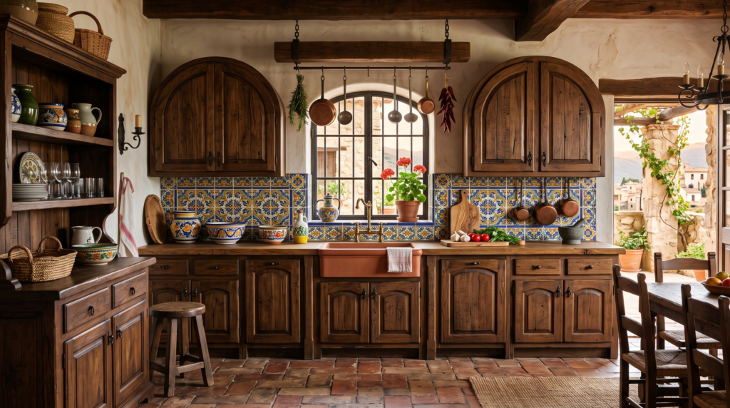 Spanish Style Kitchen Design: 20 Ideas for a Warm Mediterranean Look Rustic Spanish kitchen with solid wood arched cabinets, terracotta tile flooring, and hand-painted Talavera tile backsplash