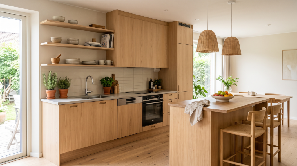 White Oak Kitchen Cabinets: Complete Design and Styling Guide Scandinavian kitchen featuring natural white oak cabinetry and soft neutral tones