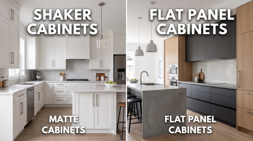 Shaker Kitchen Cabinets: Complete Buyer's Guide to Styles and Sources Shaker kitchen cabinets vs flat panel kitchen cabinets side by side comparison, clean modern kitchen design