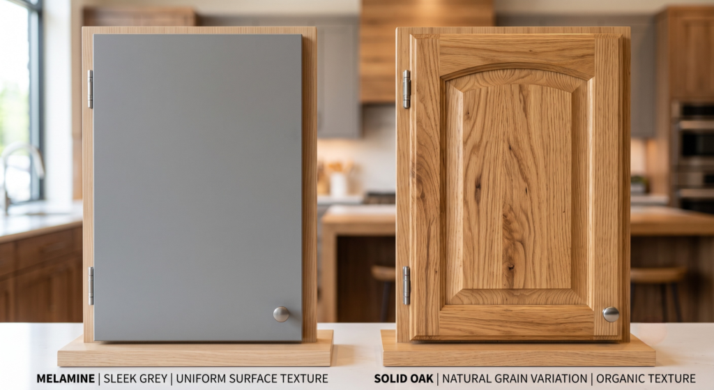 Melamine Kitchen Cabinets: Everything You Need to Know Side-by-side melamine and solid wood kitchen cabinet door samples showing uniform surface texture versus natural grain variation