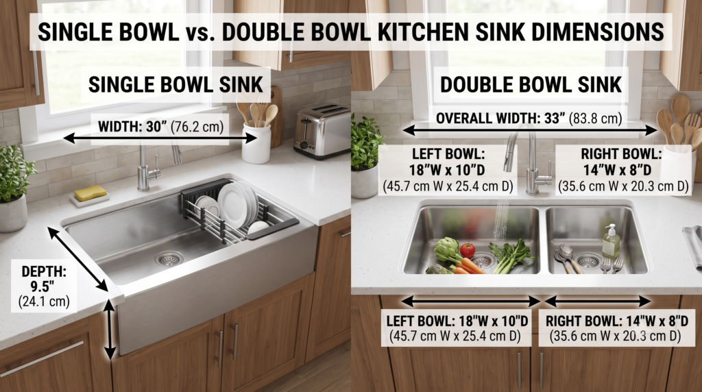 Kitchen Sink Sizes and Dimensions: Complete Measurement Guide Single bowl and double bowl kitchen sink sizes side by side with width and depth measurements labeled