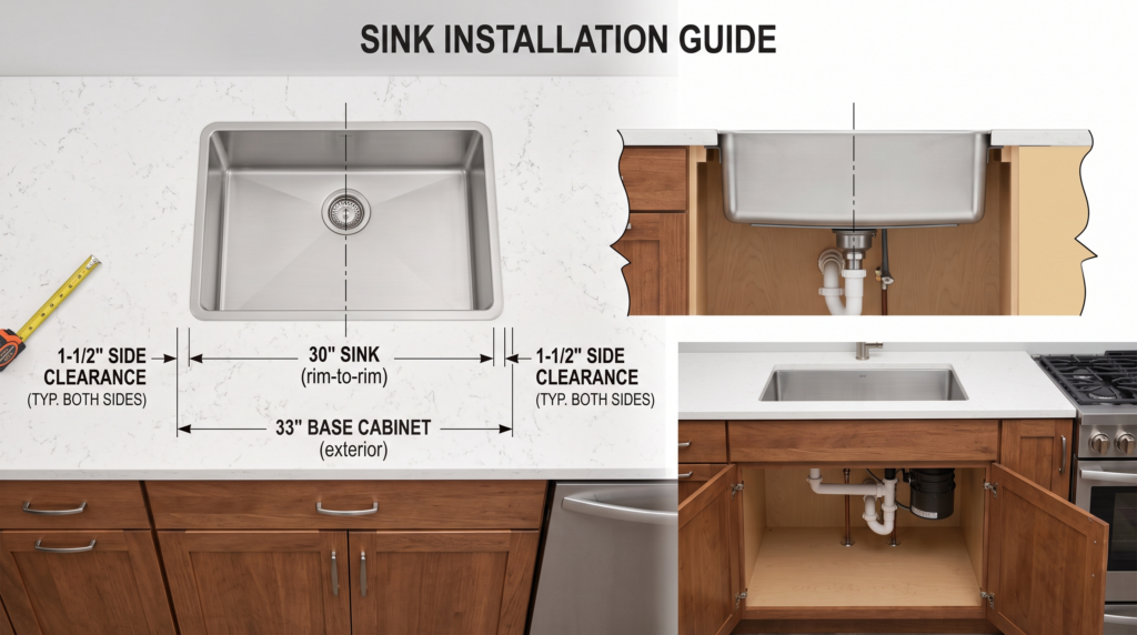Kitchen Sink Sizes and Dimensions: Complete Measurement Guide Sink size for kitchen cabinet fit a 30-inch sink centered in a 33-inch base cabinet showing side clearance