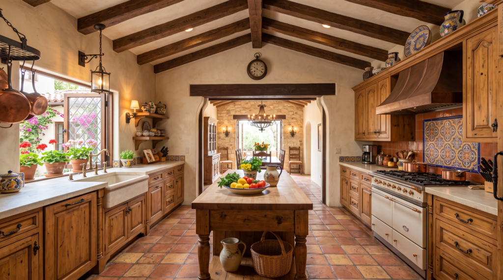 Spanish Style Kitchen Design: 20 Ideas for a Warm Mediterranean Look Spanish style kitchen with terracotta floor tiles, arched doorway, honey-toned wood cabinets, and exposed ceiling beams