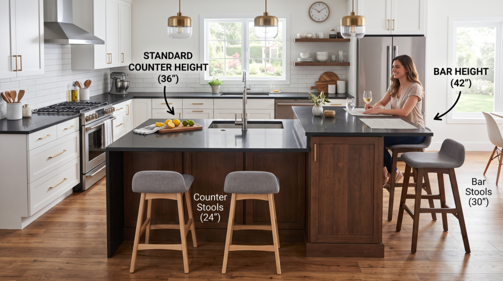 Standard Kitchen Counter Height Guide for Cabinets, Islands and Bars Standard kitchen island height vs bar height comparison