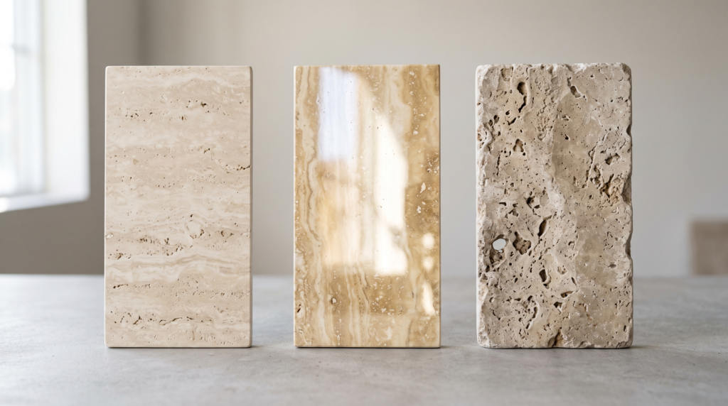 Travertine Countertops: Pros, Cons and Design Ideas for the Kitchen Three travertine finish samples side by side: smooth matte honed, reflective polished, and rough-textured tumbled surface on a neutral background