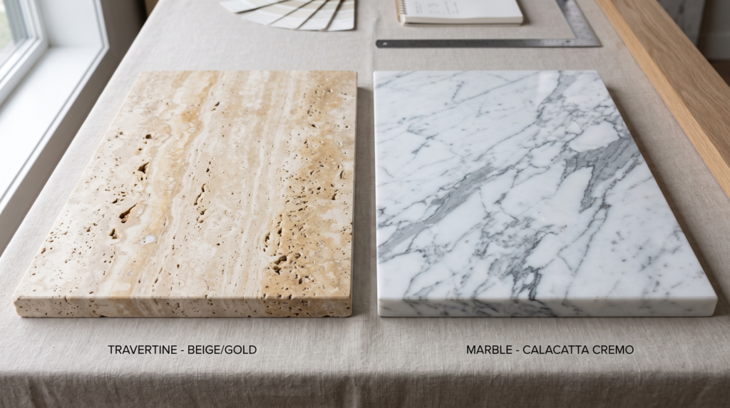 Travertine Countertops: Pros, Cons and Design Ideas for the Kitchen Travertine and marble slab samples side by side on a neutral studio surface, warm cream and gold tones versus cool grey veining