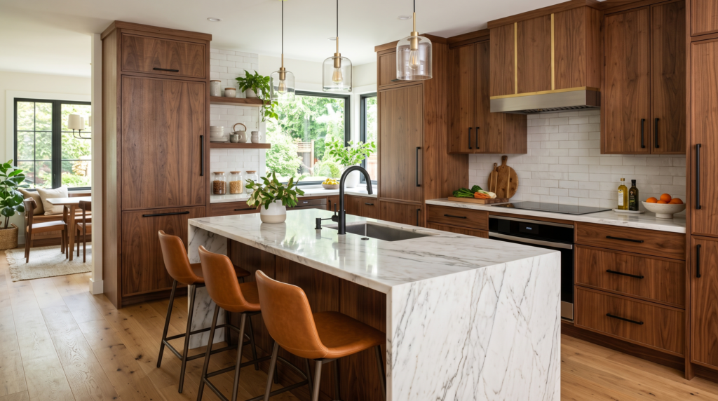 Walnut Kitchen Cabinets: Design Ideas, Colors and Pairing Guide Walnut kitchen cabinets with a marble countertop, modern kitchen design, warm wood tones and elegant finishes