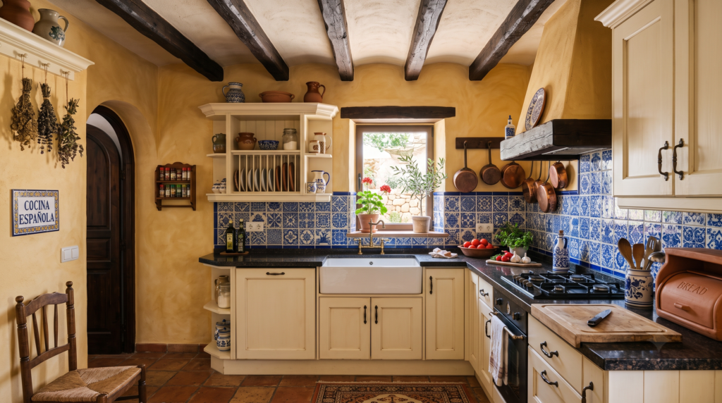 Spanish Style Kitchen Design: 20 Ideas for a Warm Mediterranean Look Warm Spanish kitchen palette with ochre plaster walls, cobalt blue Talavera tiles, cream cabinets, and dark wood beams