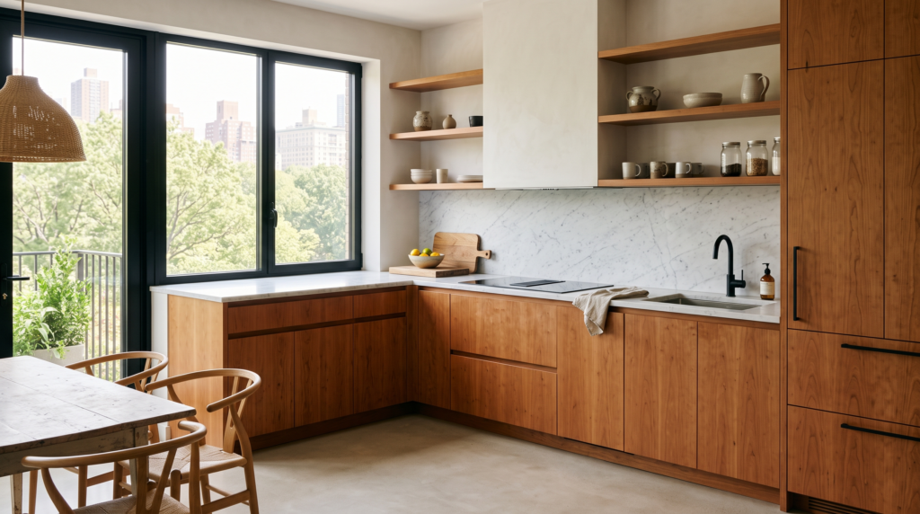Cherry Wood Kitchen Cabinets: Ideas, Stains and Design Pairings Warm cherry wood kitchen cabinets in a modern kitchen with natural lighting