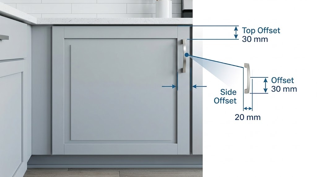 Cabinet Pull Placement Guide for Doors and Drawers Annotated base cabinet door showing pull placed near top corner of opening side stile with offset dimension