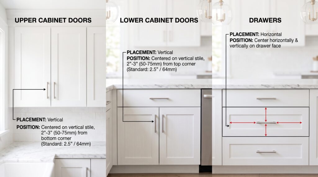 Cabinet Pull Placement Guide for Doors and Drawers Annotated diagram showing cabinet pull placement rules for upper doors lower doors and drawers with measurements