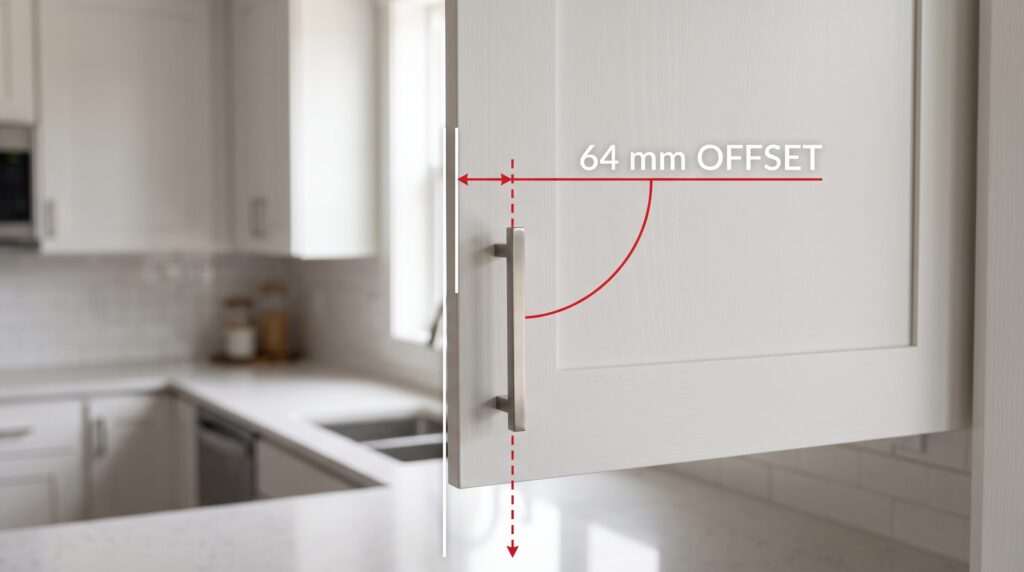 Cabinet Pull Placement Guide for Doors and Drawers Annotated upper cabinet door showing vertical bar pull position at stile bottom corner with 64 mm offset marked