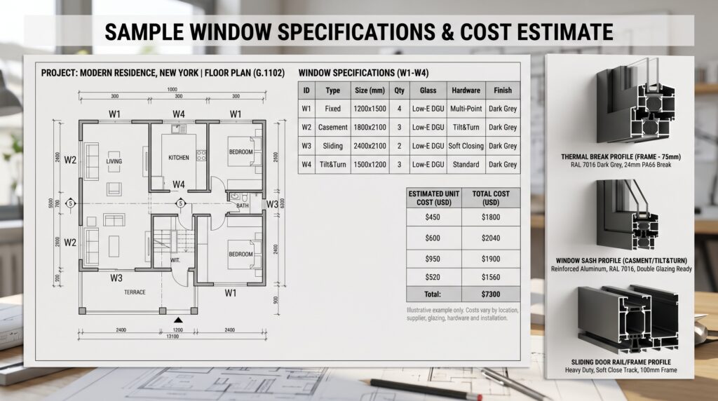 Casement vs Sliding Windows Which Is Better for Your Project Architectural blueprint and window specifications layout with aluminum profile samples for project costing