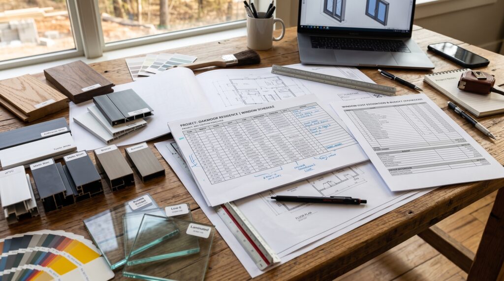 PVC vs Aluminum Windows Which Frame Is Better for Your Project Architectural window schedule, material samples, and cost estimation documents on a workspace table