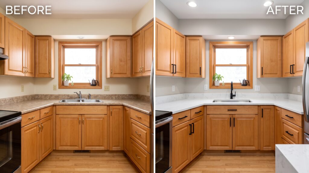 Natural Maple Cabinets Stain Options and Design Ideas Before and after showing honey maple kitchen updated with matte black hardware, white quartz and fresh wall paint