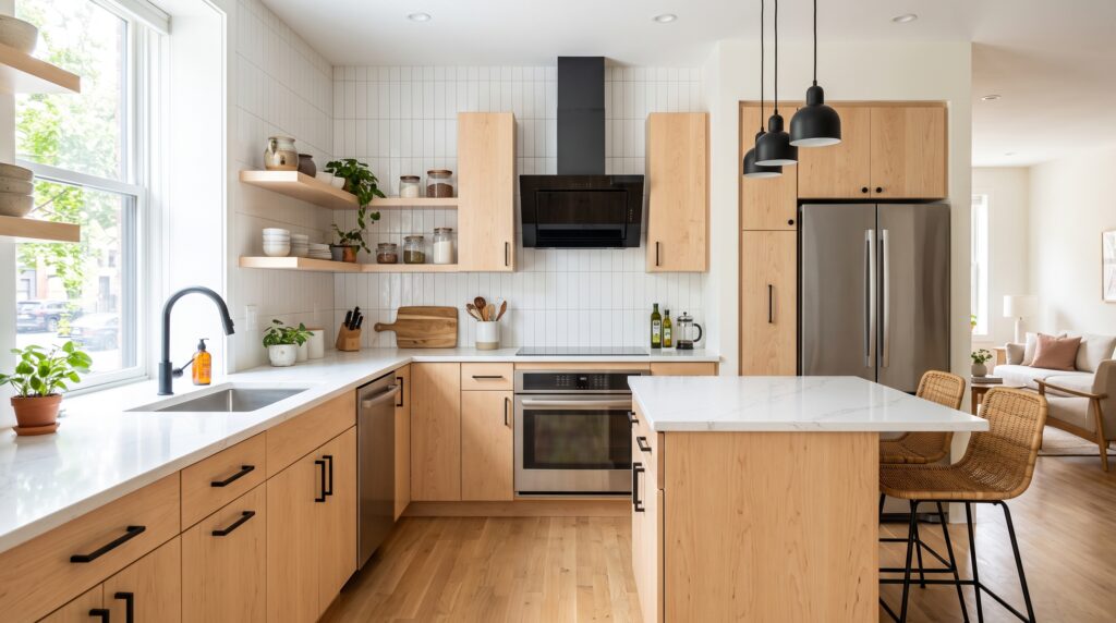 Natural Maple Cabinets Stain Options and Design Ideas Bright natural maple kitchen with white quartz countertop, matte black hardware and warm white walls showing clean modern look