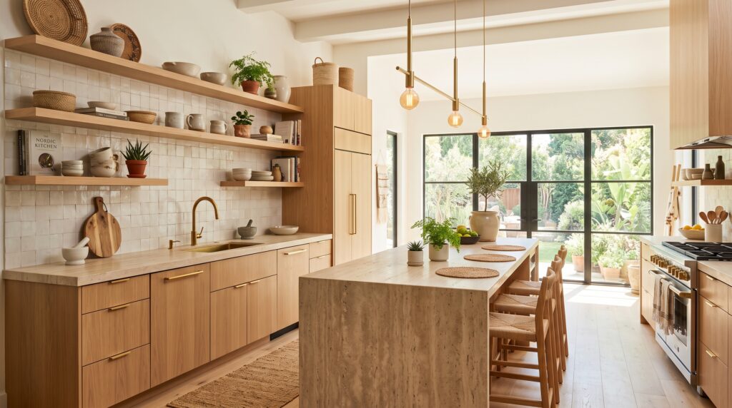 Organic Modern Kitchen Ideas with Natural Materials Bright organic modern kitchen with white oak flat panel cabinets, travertine countertops, brass pendants and potted plants