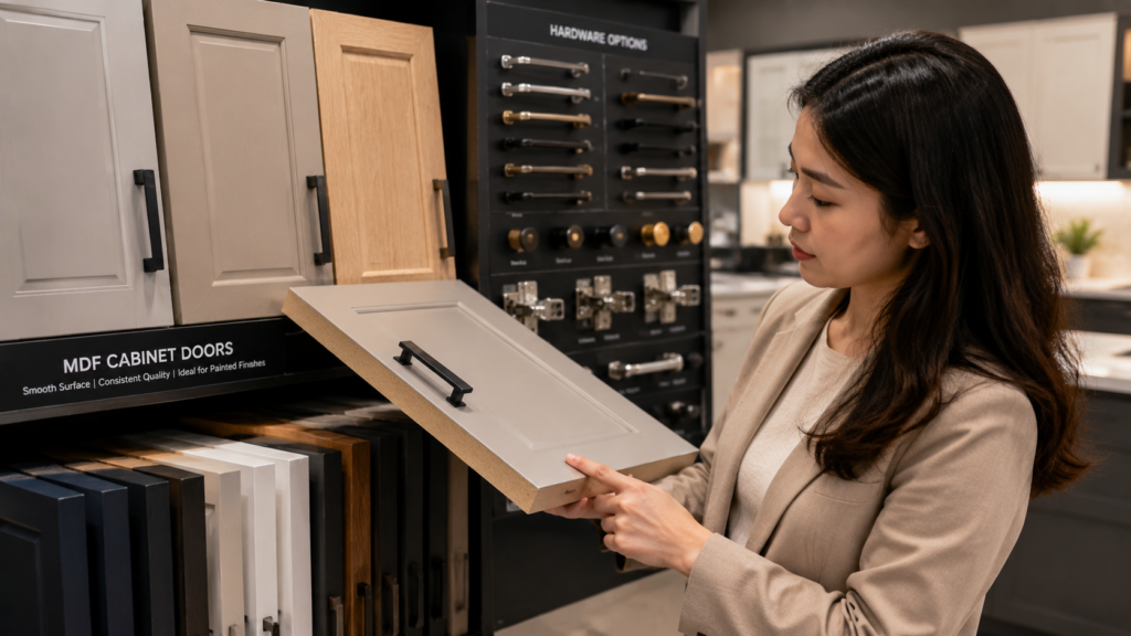 MDF Kitchen Cabinets Pros Cons and Best Uses Buyer inspecting an MDF cabinet door edge and hardware in a showroom