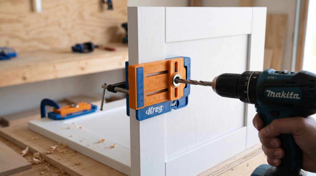 Cabinet Pull Placement Guide for Doors and Drawers Cabinet hardware jig positioned on door stile with drill bit aligned showing step by step drilling method