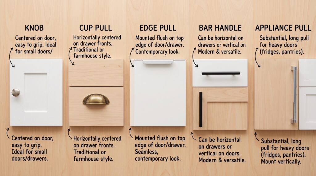 Cabinet Pull Placement Guide for Doors and Drawers Cabinet hardware types showing knob cup pull edge pull bar handle and appliance pull with placement notes