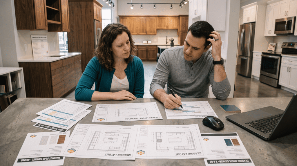 Best Kitchen Cabinet Manufacturers for Quality and Value Clients reviewing layout options in a kitchen cabinet manufacturer showroom