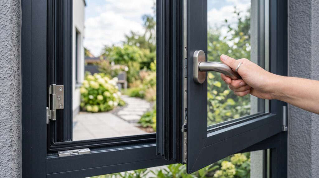 Casement vs Sliding Windows Which Is Better for Your Project Close-up of a modern aluminum casement window swinging open on side hinges showing handle and compression seals