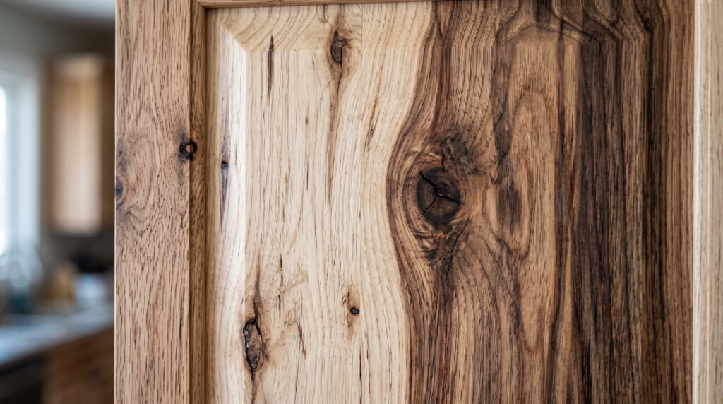 Colour Schemes with Hickory Cabinets for a Balanced Kitchen Close-up of hickory cabinet door showing sapwood, heartwood, grain variation and natural knots