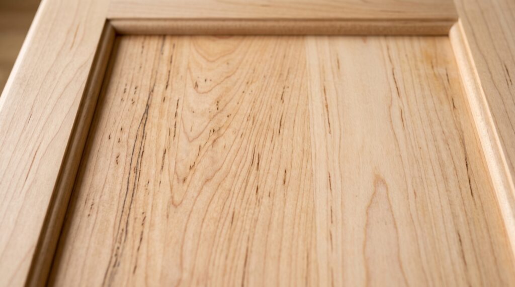 Natural Maple Cabinets Stain Options and Design Ideas Close-up of natural maple cabinet door showing fine grain, mineral streaks and creamy natural colour
