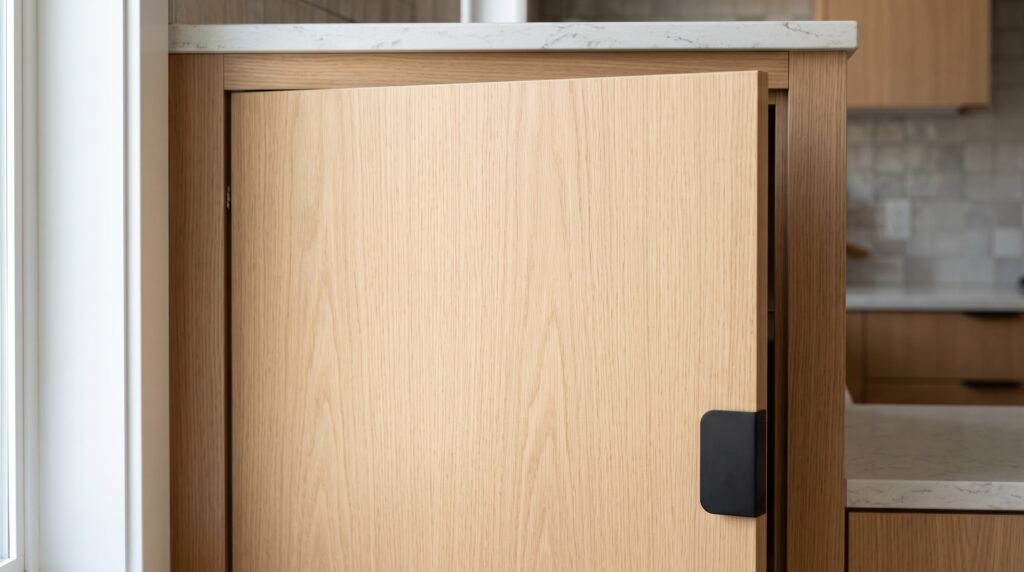 Flat Panel Kitchen Cabinets Materials and Design Guide Close view of flat panel slab cabinet door showing smooth unframed surface with no routed detail