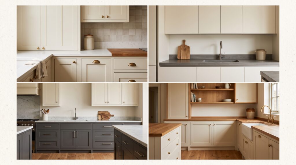 Cream Kitchen Cabinets Design Ideas and Colour Pairings Collage of cream shaker, flat panel, two-tone and cream with wood kitchen cabinet styles