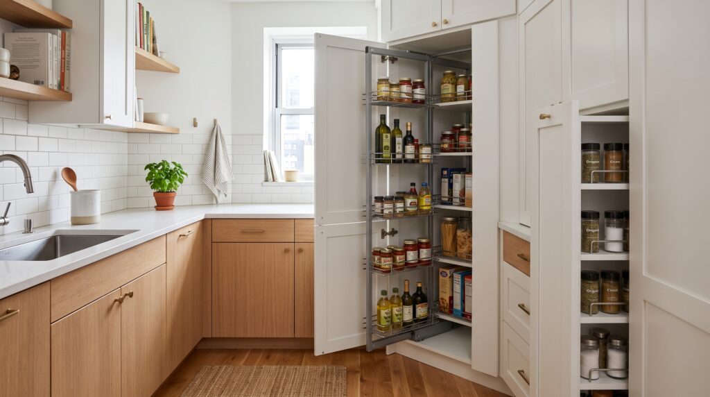 Corner Pantry Ideas with Practical Dimensions and Layouts Compact corner kitchen showing tall pantry cabinet bifold door and pull-out tower solutions for small space storage
