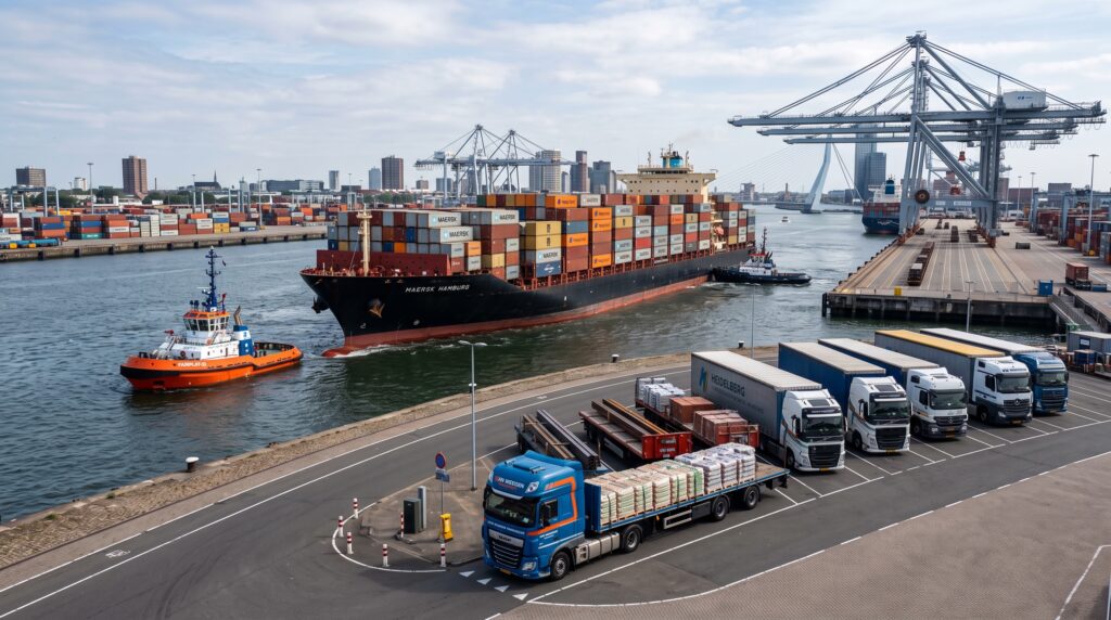How to Buy Windows From China Complete Guide for Project Buyers Container vessel arriving at a European sea port with trucks ready for inland building material transport