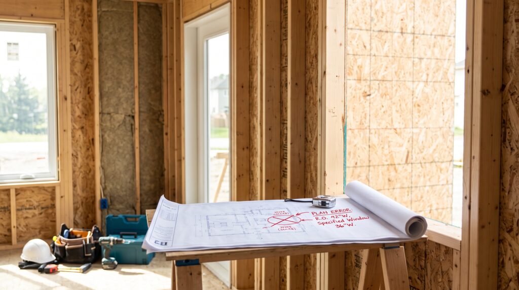 How to Buy Windows From China Complete Guide for Project Buyers Contractor checking a mismatch between architectural floor plans and incorrect window dimensions with red markup