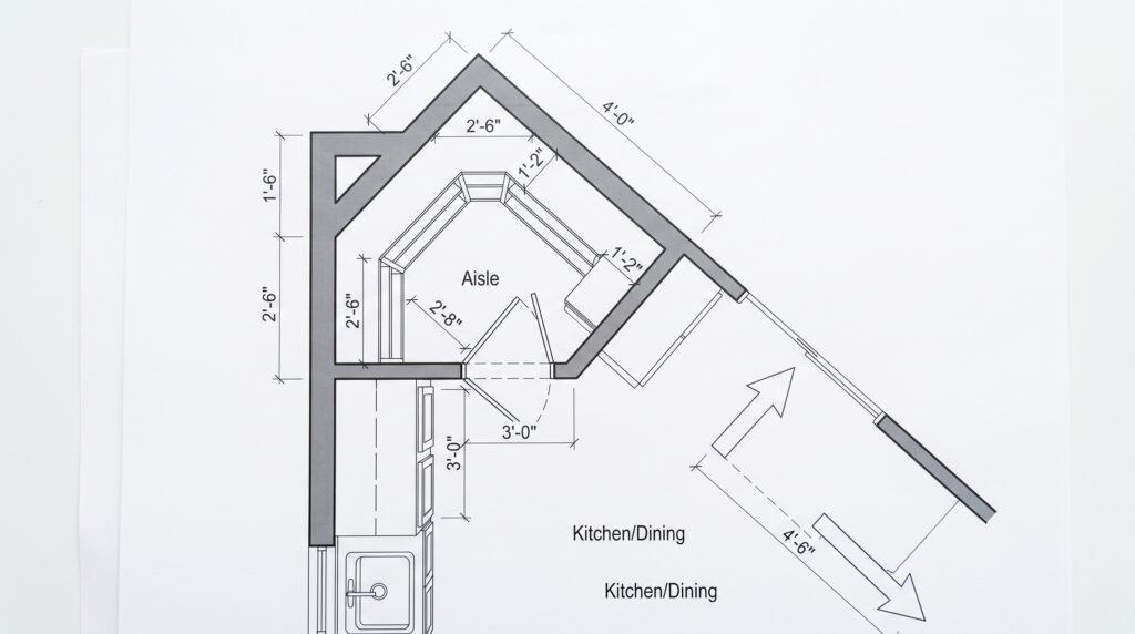 Corner Pantry Ideas with Practical Dimensions and Layouts Corner pantry floor plan with dimension annotations showing aisle width shelf depth doorway clearance and footprint