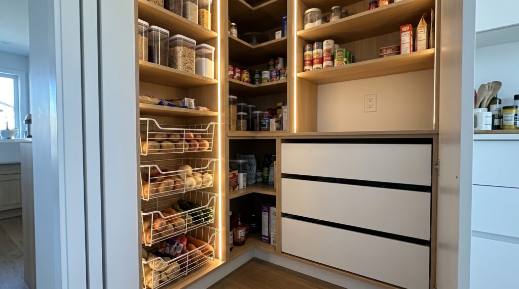 Corner Pantry Ideas with Practical Dimensions and Layouts Corner pantry interior showing adjustable shelves pull-out baskets deep drawers LED strip lighting and outlet location