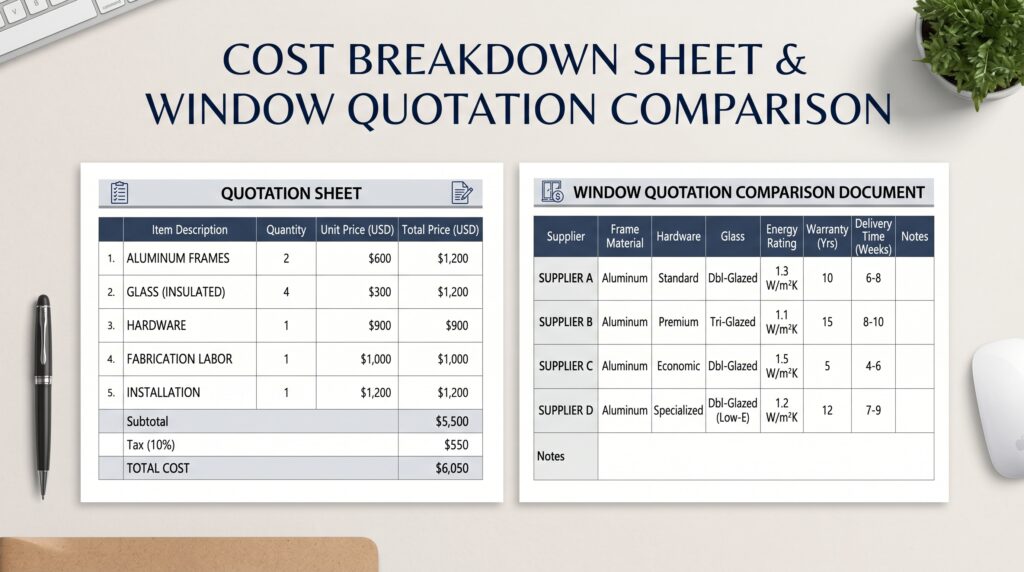 How to Buy Windows From China Complete Guide for Project Buyers Cost breakdown sheet and window quotation comparison document with aluminum frame hardware and glass line items