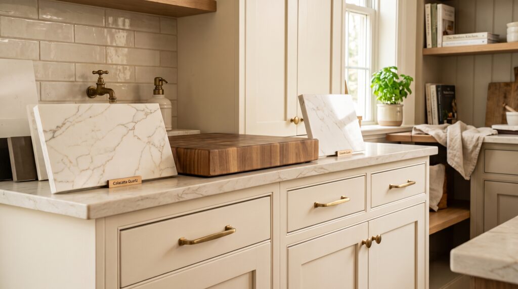 Cream Kitchen Cabinets Design Ideas and Colour Pairings Cream cabinets with warm white quartz, marble-look stone and butcher block countertop samples