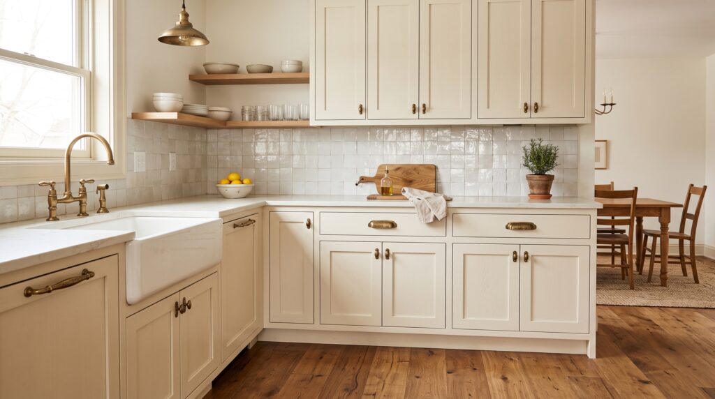 Cream Kitchen Cabinets Design Ideas and Colour Pairings Cream kitchen cabinet with aged brass hardware, zellige backsplash, warm white wall and oak floor detail
