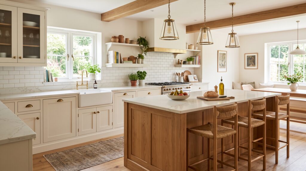 Cream Kitchen Cabinets Design Ideas and Colour Pairings Cream shaker kitchen with warm wood island, brass hardware and warm white quartz countertop in a bright modern space