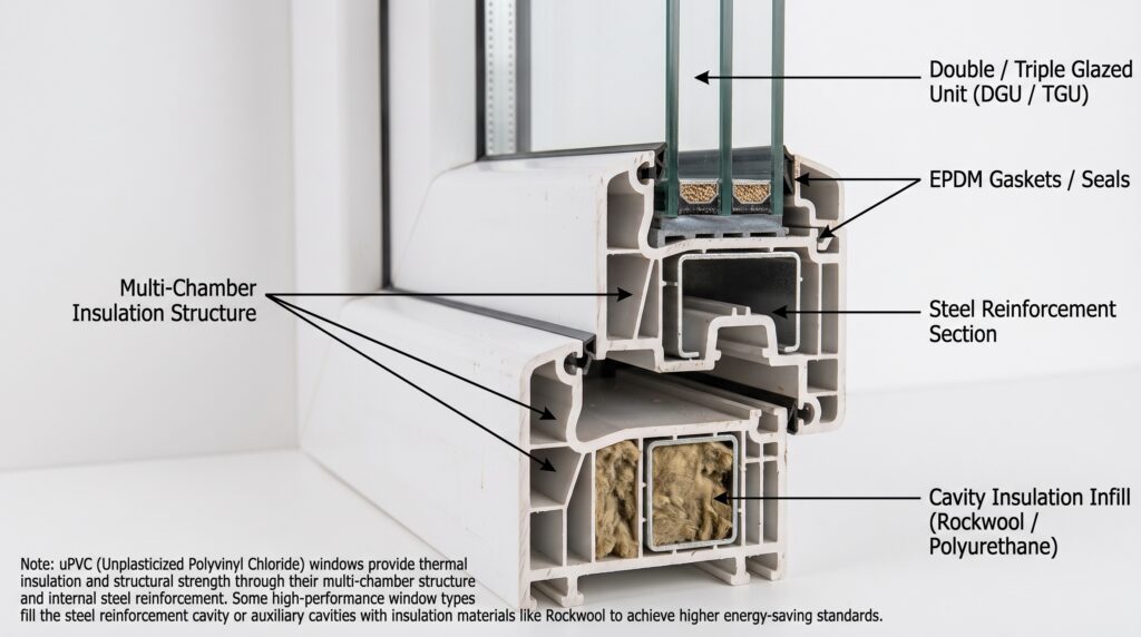 PVC vs Aluminum Windows Which Frame Is Better for Your Project Cross-section detail of a multi-chamber white uPVC window profile showing internal insulation chambers