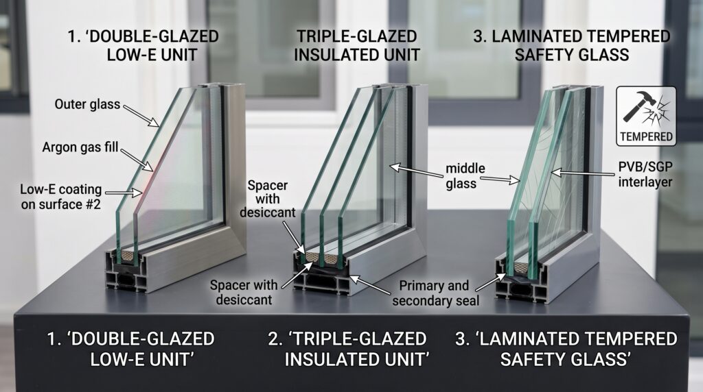 How to Buy Windows From China Complete Guide for Project Buyers Cross-section glass samples showing double-glazed Low-E, triple-glazed insulated, and laminated safety glass units