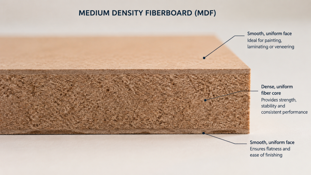 MDF Kitchen Cabinets Pros Cons and Best Uses Cross section of a medium density fiberboard panel showing the dense uniform fiber core and smooth faces