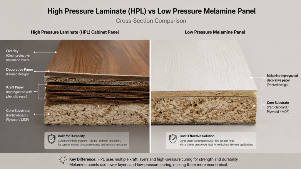 Laminate Kitchen Cabinets: Pros, Cons, Costs and Design Options Cross-section of high pressure laminate cabinets next to a low pressure melamine panel, showing the layered resin construction of each.