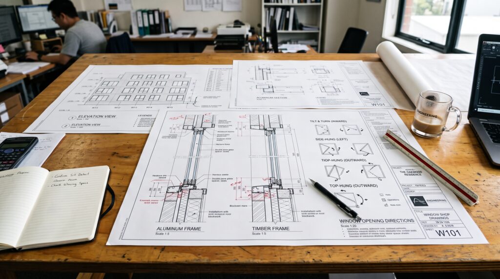 How to Buy Windows From China Complete Guide for Project Buyers Detailed CAD shop drawings of window cross-sections, elevation views, and opening directions on an engineer's table